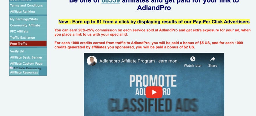 An AdLandPro page detailing the affiliate program. There'a link to a video.