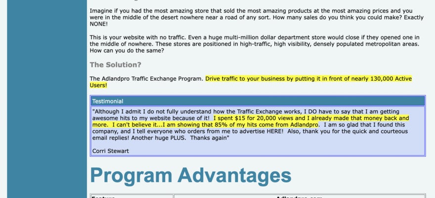 An AdLandPro page on Traffic exchange - which is contacting other businesses in the area. No photos.