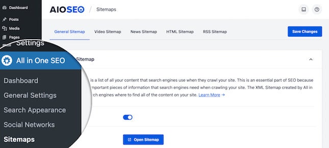 All in One SEO plugin for sitemap creation screenshot
