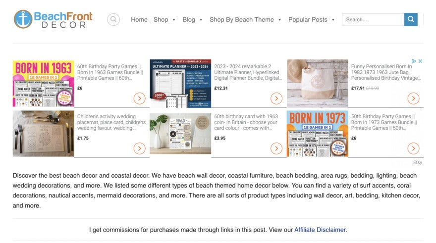 Beachfront Decor webpage featuring digital planner products for the home.