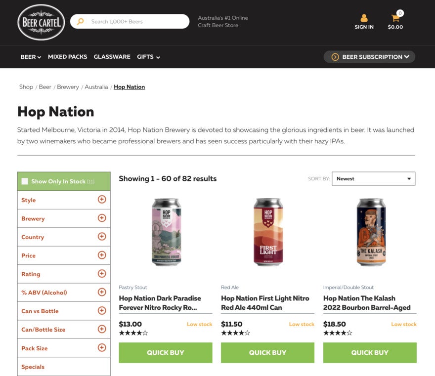 Beer Cartel variety of Hop Nation products with small description