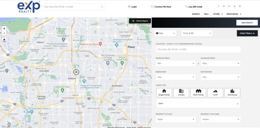 A regional map on the left with fields for property search filters.