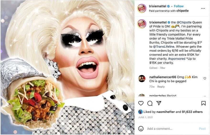 Instagram post showing Trixie promoting Chipotle