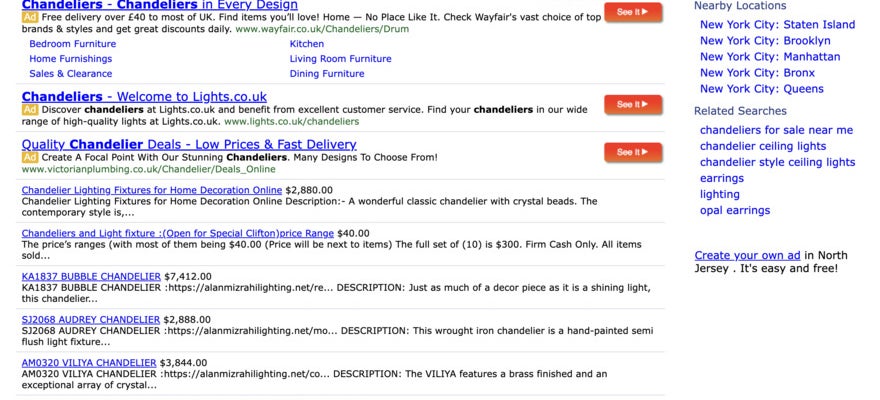 A plain Classified Ads page featuring listings for chandeliers.