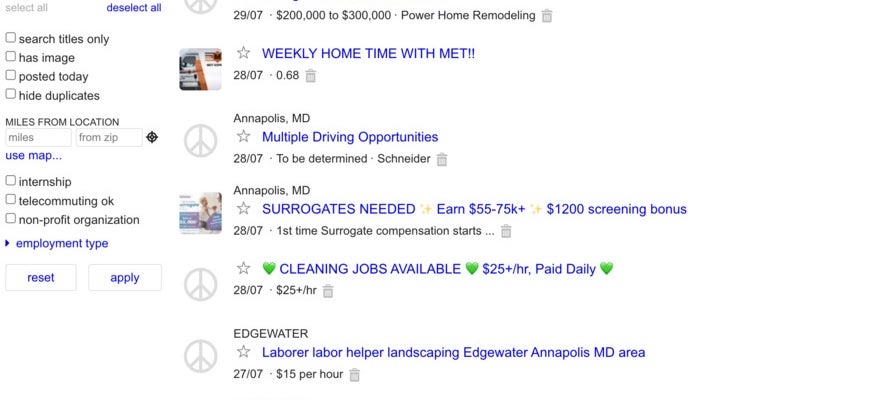 A Craigslist search results page for jobs in Annapolis. Results have a variety from driving, subcontracting and working from home.