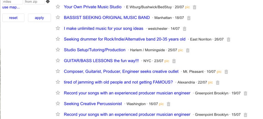 A Craigslist search result page for music composers- most are located in New York City.