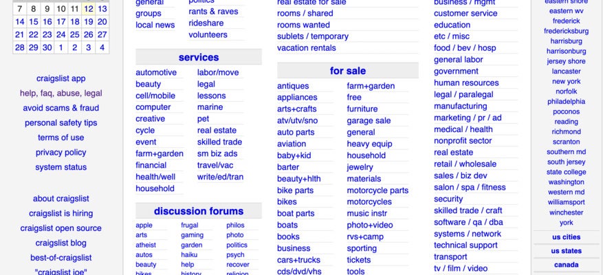 A Craigslist page of general categories in blue for Annapolis, Maryland.
