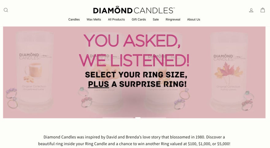 Diamond Candles data driven page that offers tailored gifts