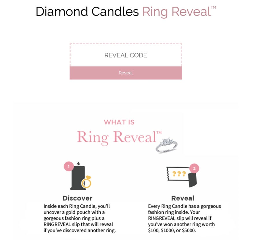 Diamond Candles Ring Reveal page with a prompt to add a reveal code