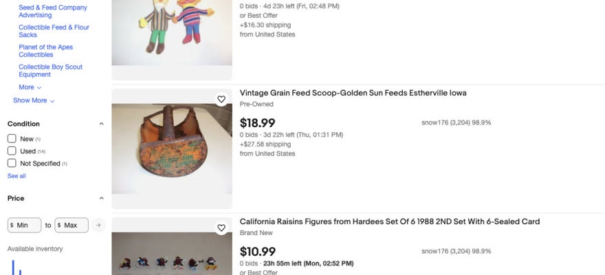 Various items for sale by the same vendor including Sesame street dolls and California Raisins figurines.
