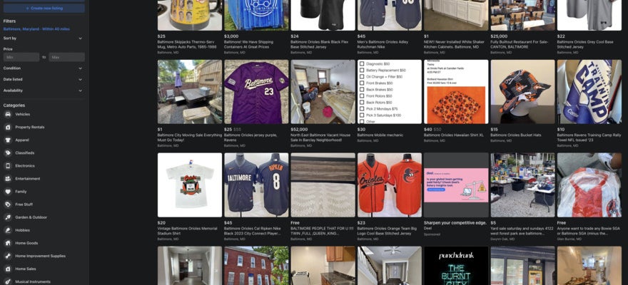 Many Baltimore-related items for sale on Facebook Marketplace, including Orioles memorabilia.