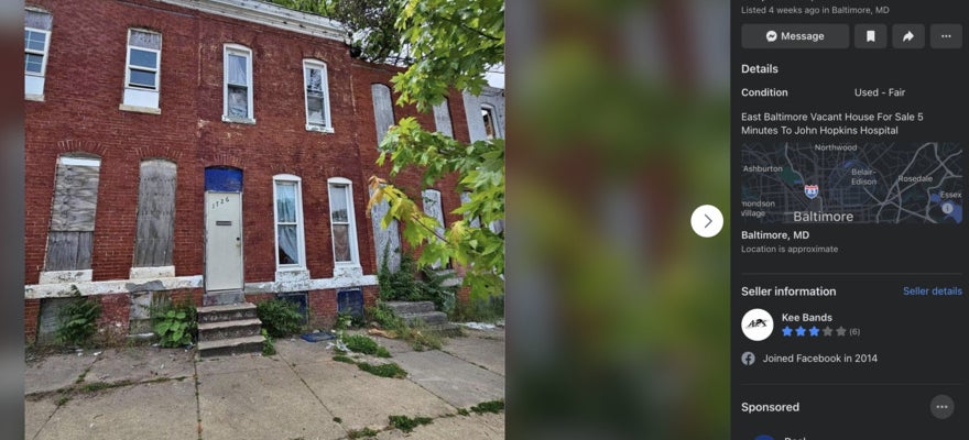 A run-down but promising row house for sale in Baltimore for $25k.
