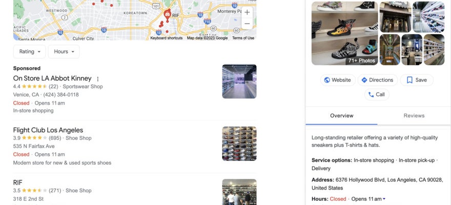 Google business results of a search for sneakers in LA.