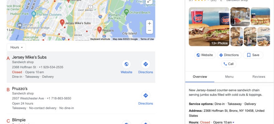 Google Profile search results for sub sandwiches in the Bronx.
