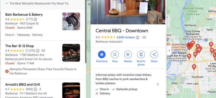 Google search results of BBQ restaurants in Memphis.