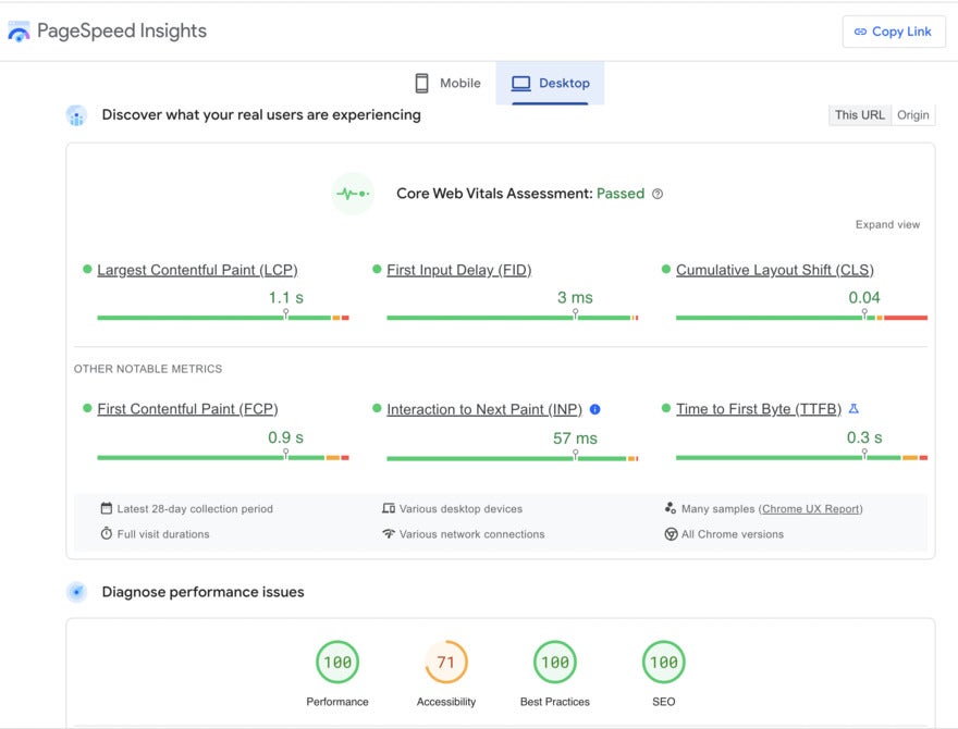 Full breakdown graphics featuring green bars of percentages analyzing page speed.