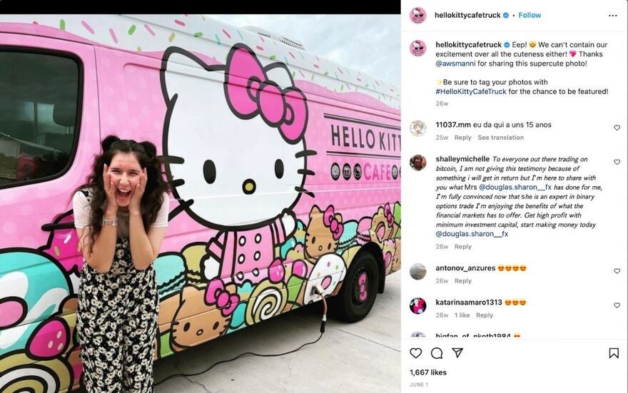 Instagram post showing woman posing outside Hello Kitty Cafe mobile popup van