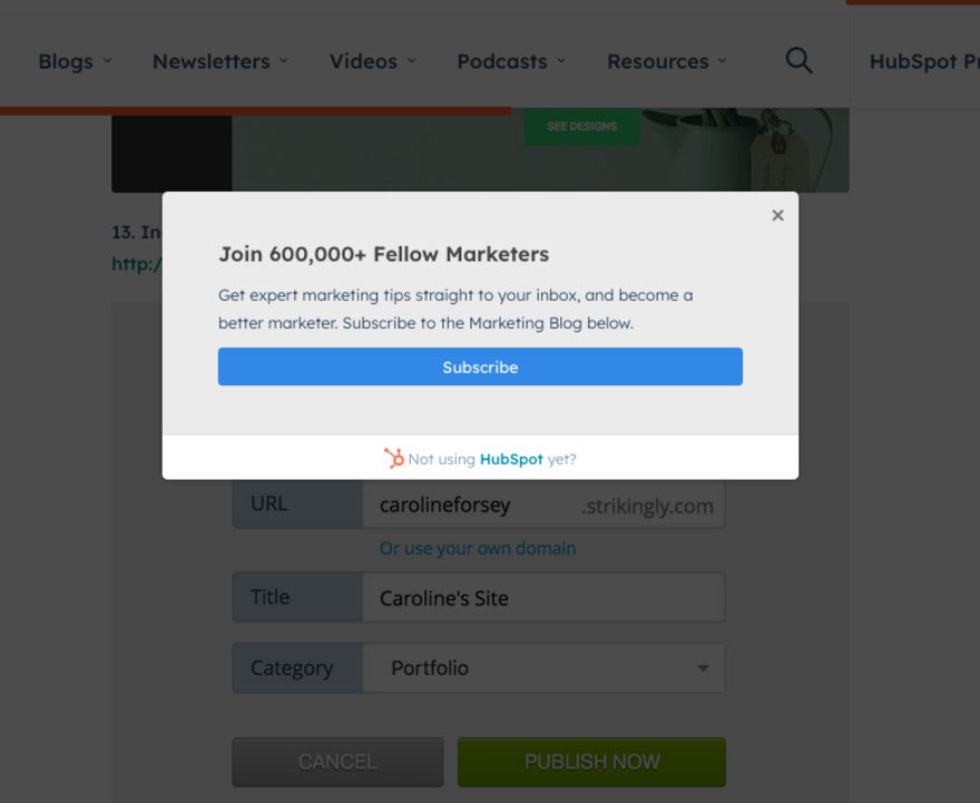 HubSpot pop-up for subscribing to the marketing blog
