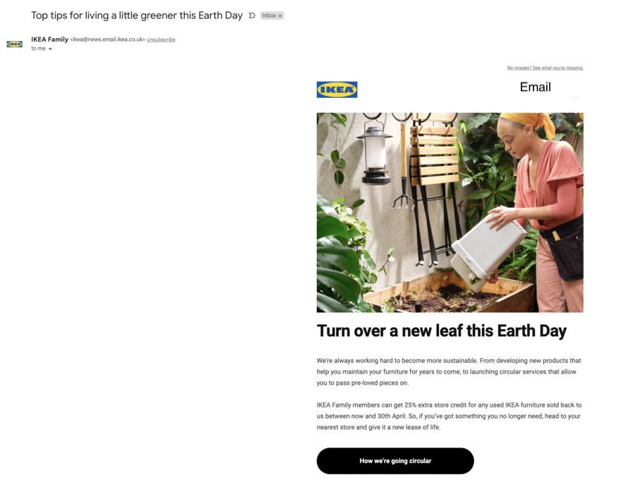 Email from IKEA that celebrates Earth Day. There's a photo with a woman composting.