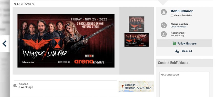 Locanto page advertising a rock concert with a photo of Lita Ford and Winger.