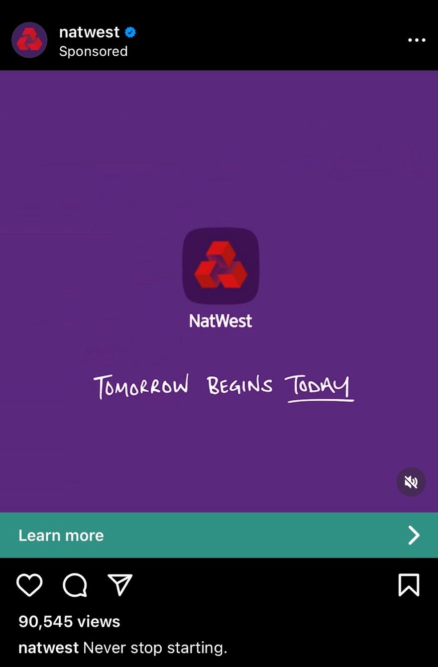 A shot of a Natwest Instagram ad featuring the Natwest logo on a purple background with a 'Learn More' banner to click through to the site.