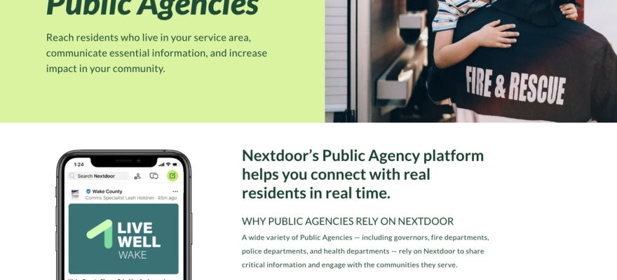 A page on Nextdoor's Public Agency platform which connects to local organizations. Cute photo of a kid rescue by Fire & Rescue.