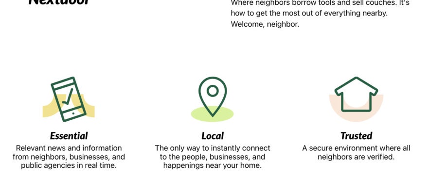 Nextdoor icons to help people understand the local angle- essential, local and trusted.