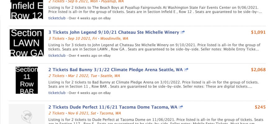 Oodle search results for concert tickets in Seattle, WA.