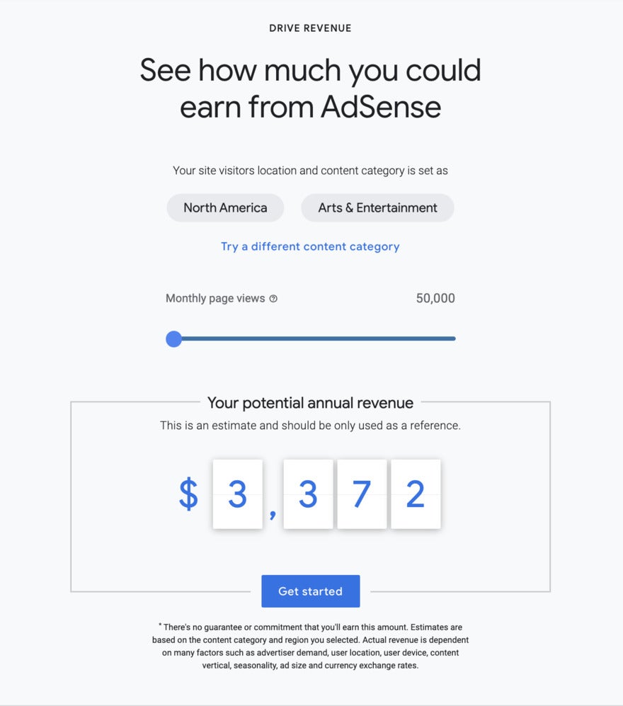 A revenue calculator that figures out how much revenue you can make. The figure is in the middle in blue letters.