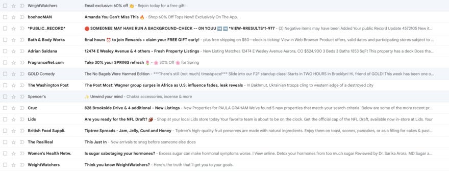 An email inbox with lots of unopened junk mail headers and only a few interesting headers