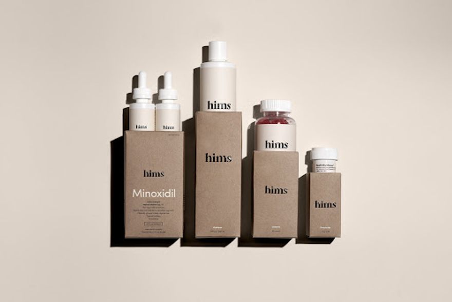 Product photo of Hims products with bottles lined up in a row