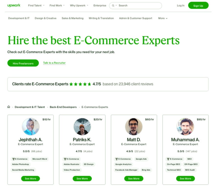 Selection of ecommerce experts available to hire through Upwork