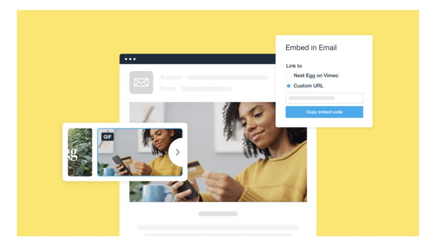 A yellow Vimeo webpage with a Black woman ordering something on her phone with her credit card. There's a pop-up to help embed an email.