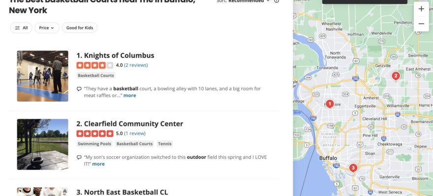 Yelp search results for Basketball courts in Buffalo. There is an aerial map on the right.
