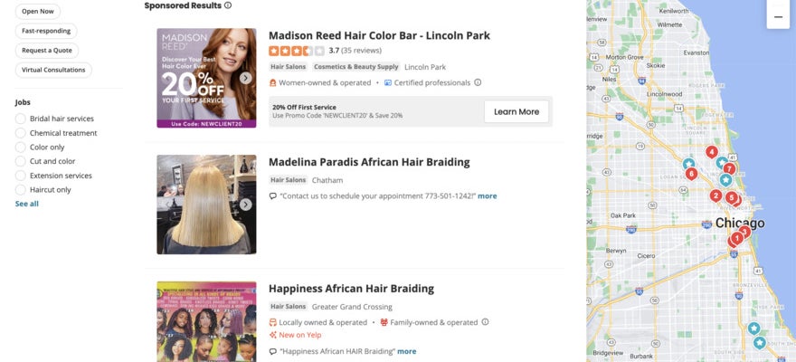 Yelp search results for hair stylists in Chicago. Some have links to appointments and discounts. Map on the right.