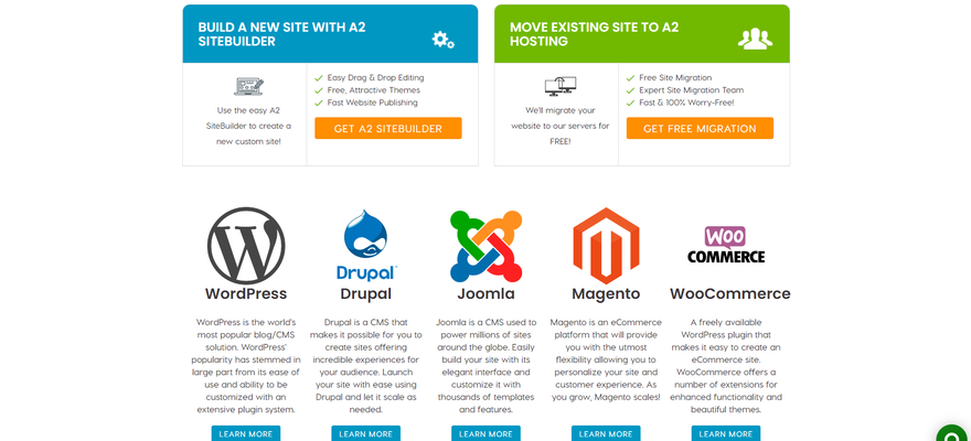 A selection of content management systems available with A2 hosting, featuring a logo and short description for each, along with a button below to 