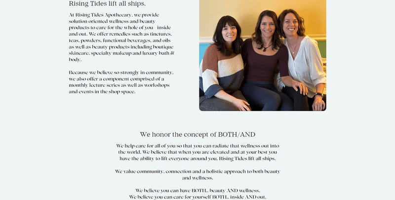 an about us page with three women smiling on a couch