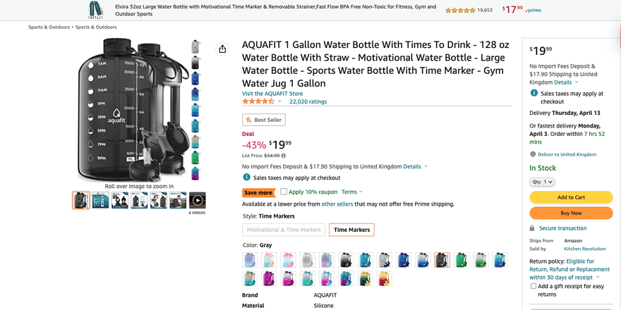 Product page for water bottle on Amazon