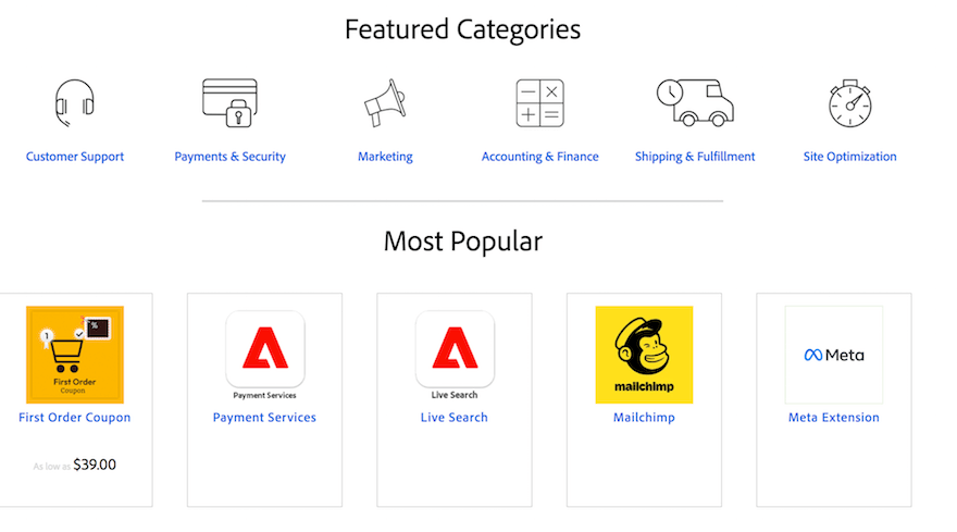 Adobe Commerce extensions featured categories website screenshot