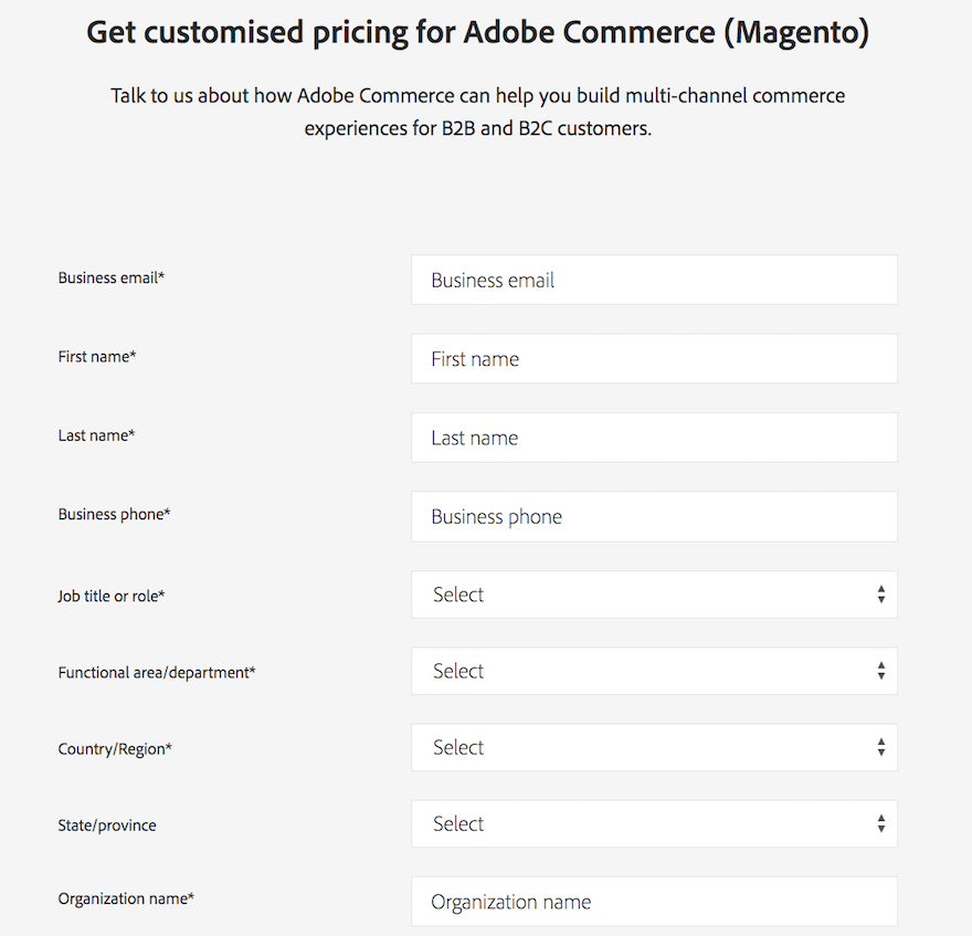 Adobe Commerce online webform to request a quote website screenshot