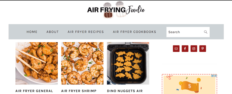 homepage of air frying enthusiast blog air frying foodie, featuring pics of recipes
