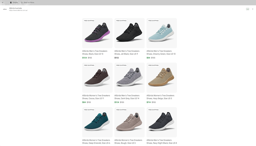 Allbirds email retargeting screenshot