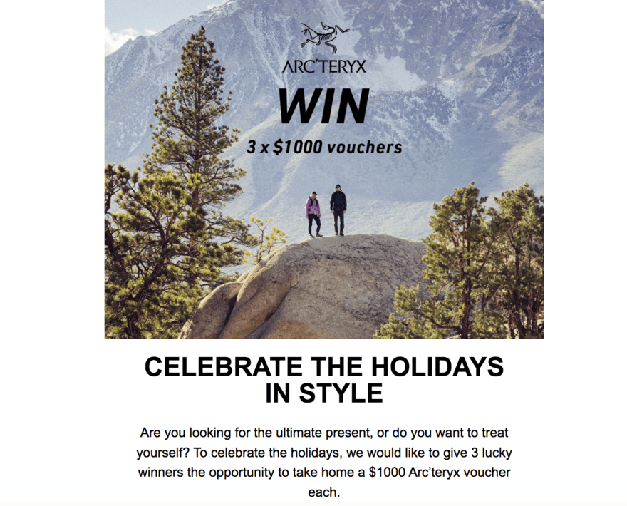 ARC’TERYX email example with win 3 x $1000 vouchers