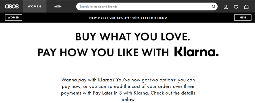 Asos buy now pay later with Klarna information page