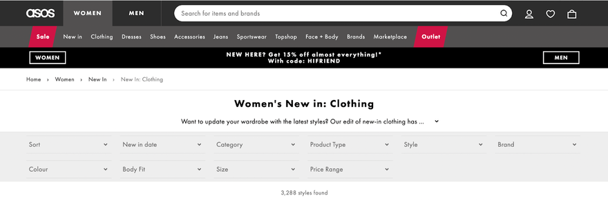 ASOS Women's New In Clothing shopping page showing navigation, search bar, and filters