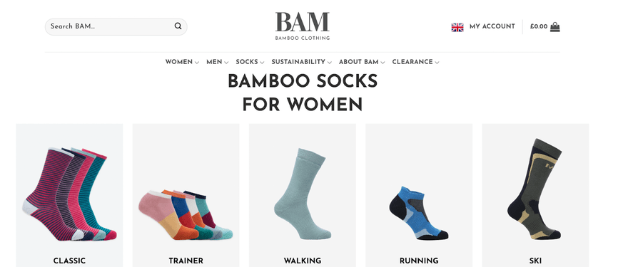 BAM website with five product categories showing photos of sock for sale
