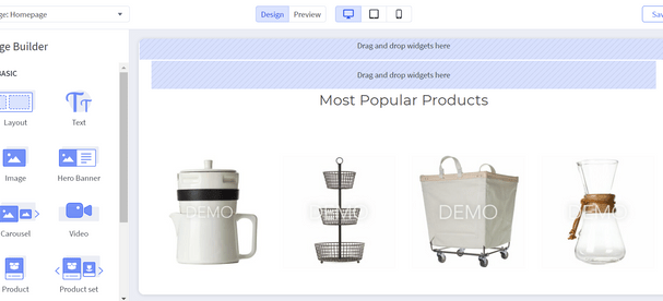 screenshot of the bigcommeerce dashboard showing a product selection of home items with a infographic side menu to the left