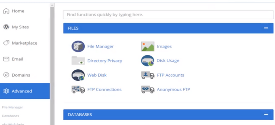 bluehost cPanel dashboard