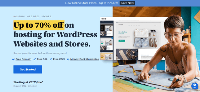 Bluehost homepage showing 70% off and woman measuring clothing for a retail online store