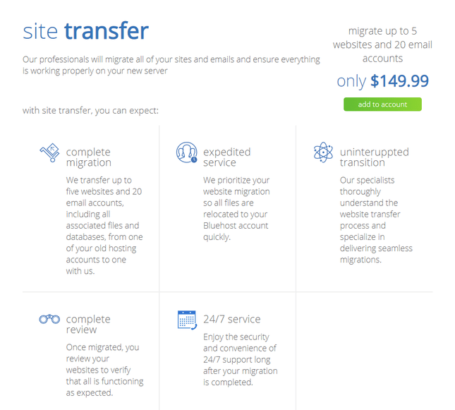 screen of migrating a site to bluehost wth icons denoting services and a price tag in the top right corner